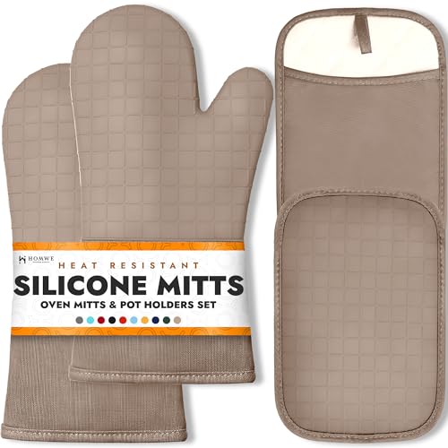 Silicone Oven Mitts and Pot Holders (Beige / 4-Piece Oven Mitts & Pot Holders Set)