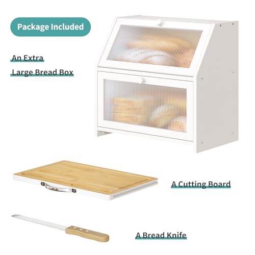 Extra Large Bread Box with Cutting Board Bamboo Wood Bread Box for Kitchen Counter (White)