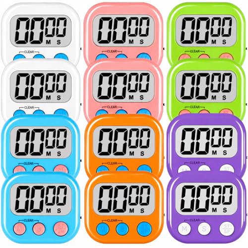 Digital Kitchen Classroom Timers for Kids Cooking 12pcs MulticolorA (Multicolora: White & Black & Pink & Green & Orange & Purple)
