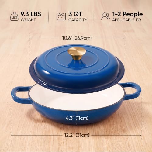 Dutch Oven Enameled Cast Iron with Lid (Blue / 3 QT（Shallow Pot）)