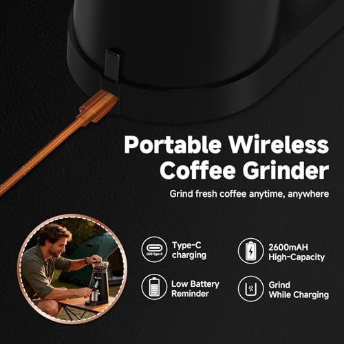 Cordless Burr Coffee Grinder with 60 Settings & Less Static Mess (Black)