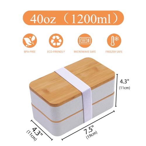 Stackable Lunch Container with Bamboo Lid Bento Box for Adult with Lunch Bag and Flatware Set