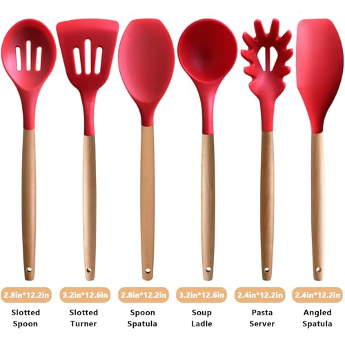 Kitchen Cooking Utensils Set 6Pcs Heat Resistant Silicone Kitchen Utensils Spatula Spoon Turner Ladle w Wooden Handle (Standard 6-Piece Set / Red)
