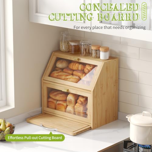 Bread Box with Cutting Board for Kitchen Countertop Corner Bread box Double Layer Bamboo Extra Large Capacity Bin Kitchen Food Storage Container (Natural)