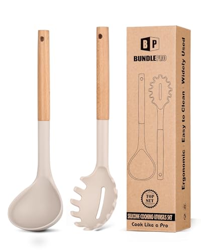 Silicone Soup Ladle and Pasta Spoon Set with Wooden Handle