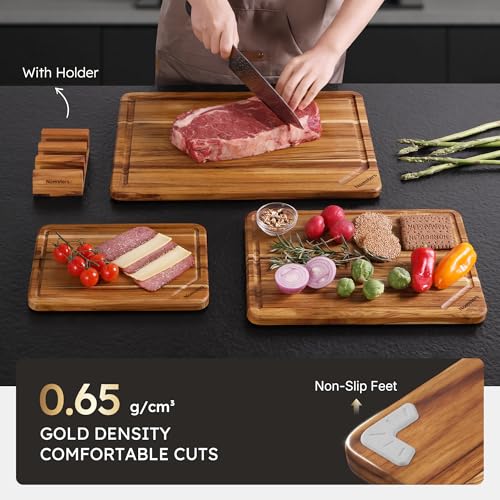3 Pack Teak Wood Cutting Boards for Kitchen Wood Charcuterie Board Non Slip (Set of 3 with Holder)