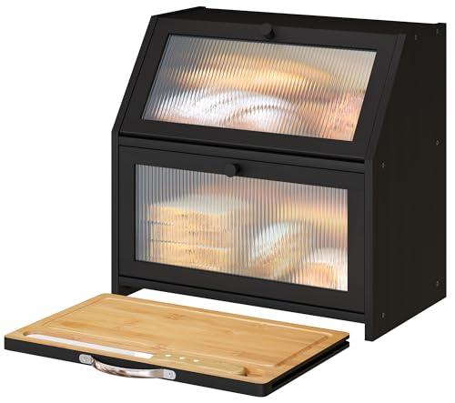 Extra Large Bread Box with Cutting Board Bamboo Wood Bread Box for Kitchen Counter (Black)