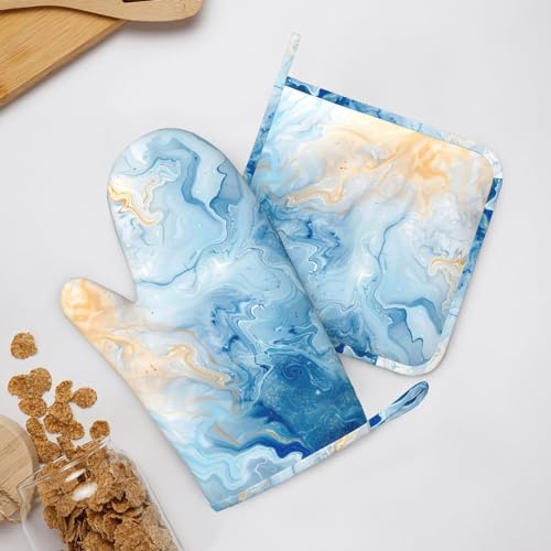 Oven Mitts and Pot Holders Blue Marble Pastel Silicone Kitchen Accessories Set of 4 Heat Resistant Long Gloves Potholder Non (A063212)