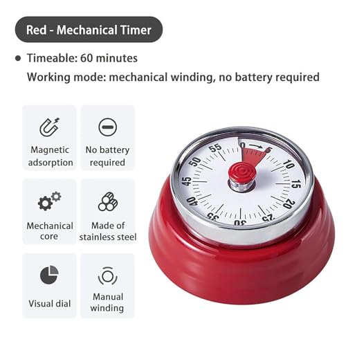 Elegant Stainless Steel Vintage Kitchen Timer with Magnetic Attachment (01-red)