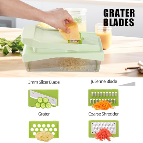 10-in-1 Vegetable Chopper – 6 Blade Veggie Chopper with Container, Food Dicer, Onion Cutter, Cheese Grater, Mandoline Slicer, Kitchen Gadgets & Home Essentials (Green) (Green)