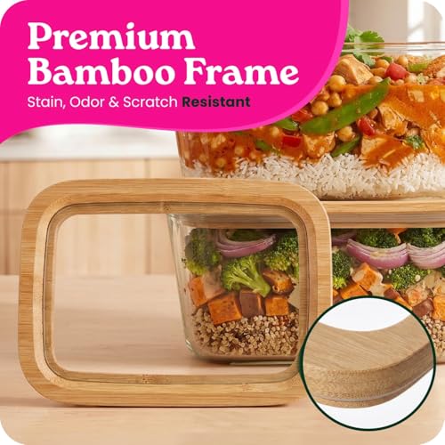 Large Glass Food Storage Containers with Glass Lids & Bamboo Rim (87.7 Fl Oz)