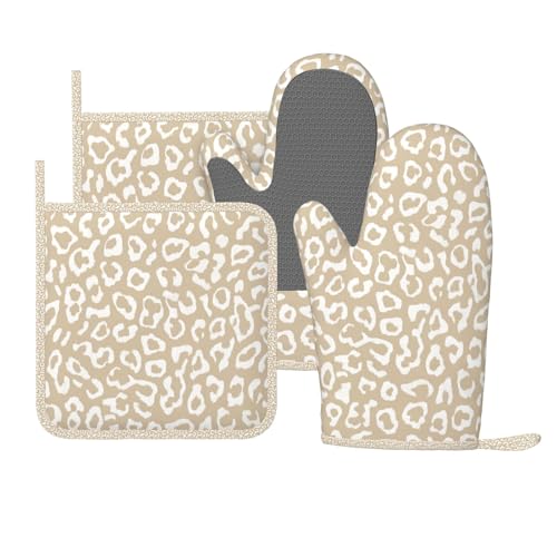 Oven Mitts Pot Holders Set Leopard Pattern Silicone Kitchen Gloves Potholders Heat Resistant for Chef Baking Cooking Grilling BBQ 4 Pack Mitt (B0113)