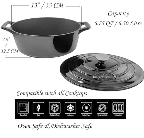 La Cuisine Enameled Cast Iron Oval Dutch Oven Casserole Pot with Lid 6.75 QT Internal Matte Black Enamel Coating for bread baking (6.75 QT Oval / Glossy Black)