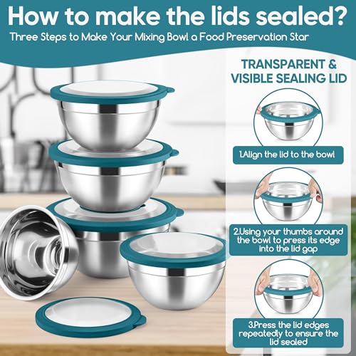 5 Piece Mixing Bowls with Airtight Clear Lids (Blue / 4.6, 3.5, 2.5, 2, 1.5QT)