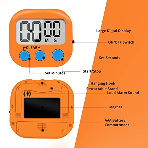 6 Pack Small Digital Kitchen Timer Magnetic Back and ON (Orange)