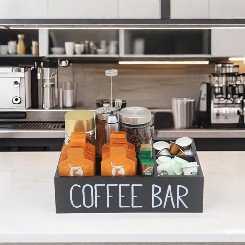 Coffee Station Organizer with Removable Dividers Disposable Coffee Cup Holder Wooden Countertop Organizer for Coffee Condiment Accessories Storage Farmhouse Coffee Bar Decor Black