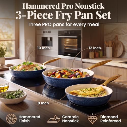 Hammered 3 Pc Titanium Ceramic Nonstick Frying Pans Set (Hammered Navy)