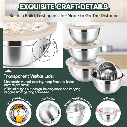 5 Piece Mixing Bowls with Airtight Clear Lids (Khaki / 4.6, 3.5, 2.5, 2, 1.5QT)