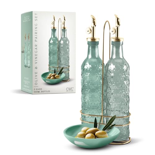 Glass Olive Oil Bottle Dispenser (Floral / Green)