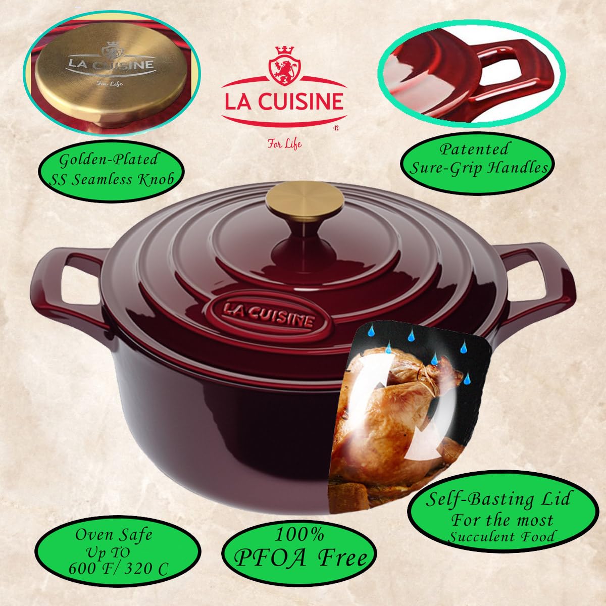 La Cuisine Enameled Cast Iron Dutch Oven Casserole Pot with Golden handle for Lid (2.1 QT Round / Cranberry)