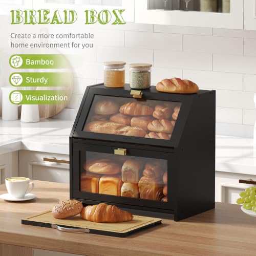 Bread Box with Cutting Board for Kitchen Countertop Corner Bread box Double Layer Bamboo Extra Large Capacity Bin Kitchen Food Storage Container (Black)