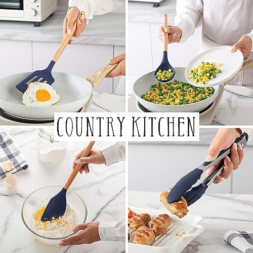 Non Stick Silicone Utensil Set with Rounded Wood Handles for Cooking and Baking (38 Piece Set / Navy)