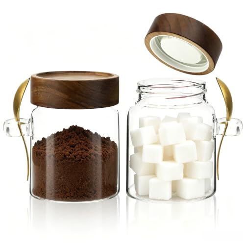 Glass Coffee Jars Spice Jar Round Storage Canister with Wooden Lid Clear Glass Food Jar for Pantry Sugar Tea Coffee Bean Spice Nuts Cookies Bath Salts