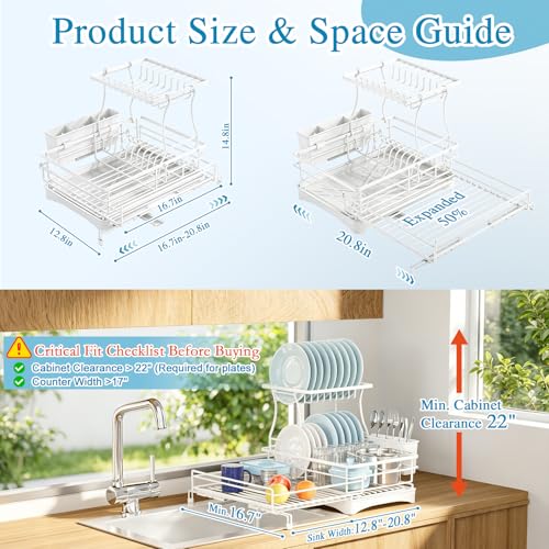 2 Tier Dish Drying Rack (White / 2-Tier Dish Rack 16.7"W X 14.8"H 12.8"-20.8")