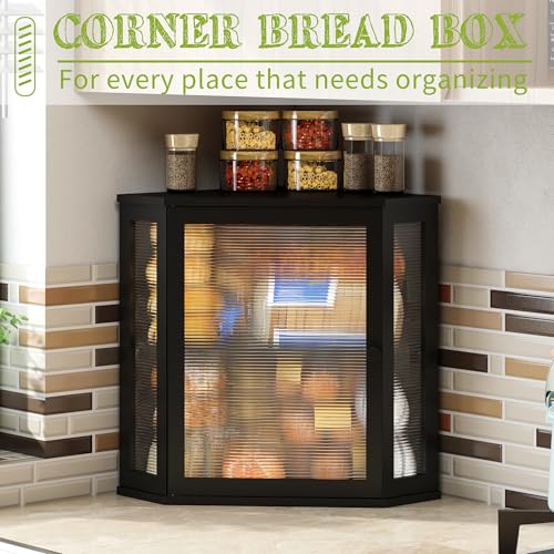 Corner Bread Box for Kitchen Countertop Double Layer Bamboo Wooden Bread box Large Capacity Bread Storage Bin (Black / Extra Large)