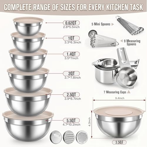 31PCS Mixing Bowls with Lids Set (Khaki / 10+7+14 - Bowls & Cups & Spoons)