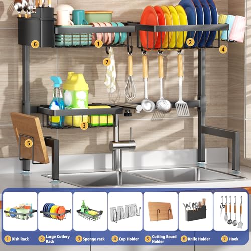 2 Tier Over The Sink Dish Drying Rack (Black / 2 tiers 3 baskets)
