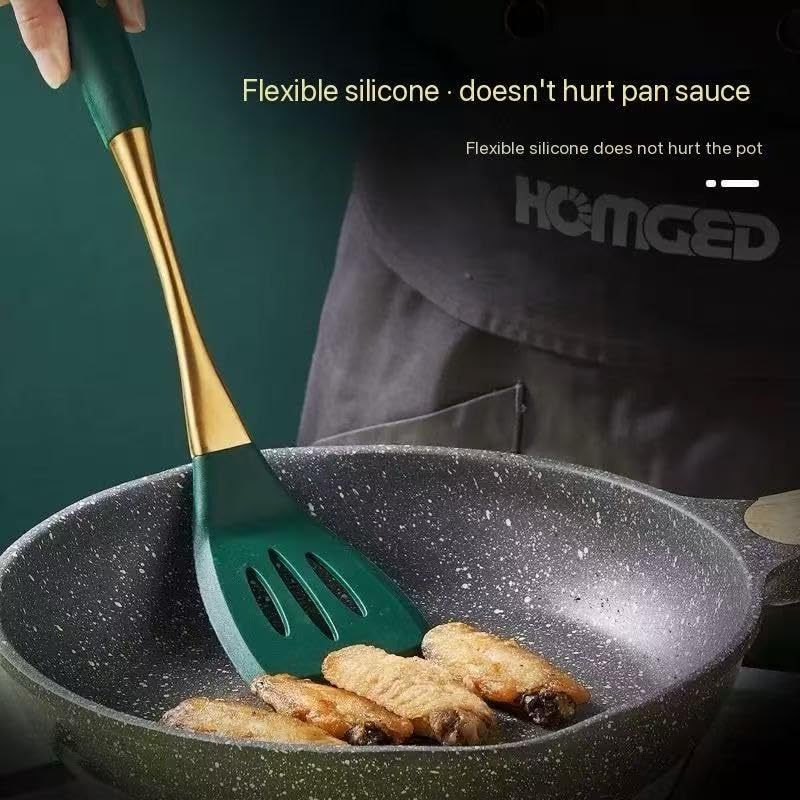 8 Piece Silicone Kitchen Utensil Set (Green & Gold)
