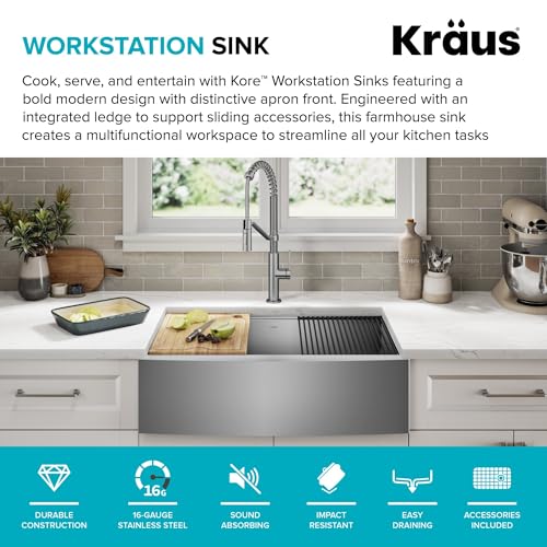 Kore 33 Inch Farmhouse Workstation 16 Gauge Single Bowl Stainless Steel Kitchen Sink with Accessories (33 Inch / Rounded Farmhouse / Stainless Steel)