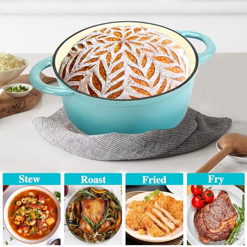 Cast Iron Dutch Oven 4.5 Quart Enameled Cast Iron Dutch Oven Pot with lid Heavy Duty Dutch Oven Dual Handles Porcelain Enameled Cast Iron Pot for Baking Braiser Cooking Family or Friends Gifts (Teal / 4.5QT)