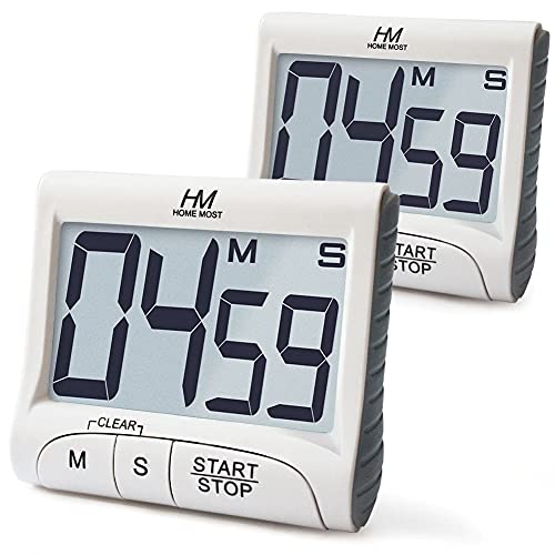 2 Pack Large Display Kitchen Timer (2 - Pack Matte White - Sleek Design - 3 Big No Show Function Buttons / 3" Large LCD Display - 1.5" Big Digits -Loud Alarm)