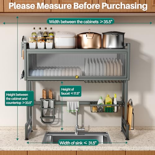 Over the Sink Dish Drying Rack 3 Tier with Dustproof Flip (Gray / 33.4in)
