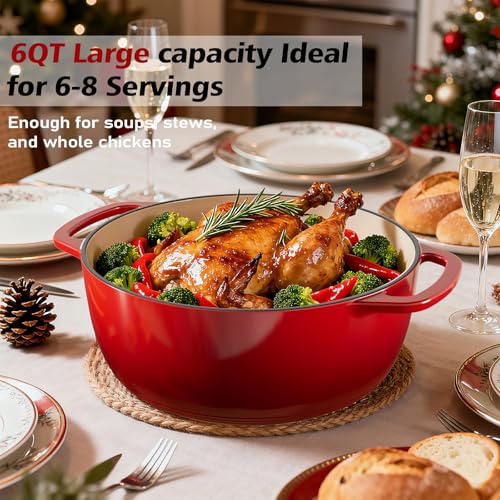 6QT Enameled Cast Iron Dutch Oven with Lid (Red)