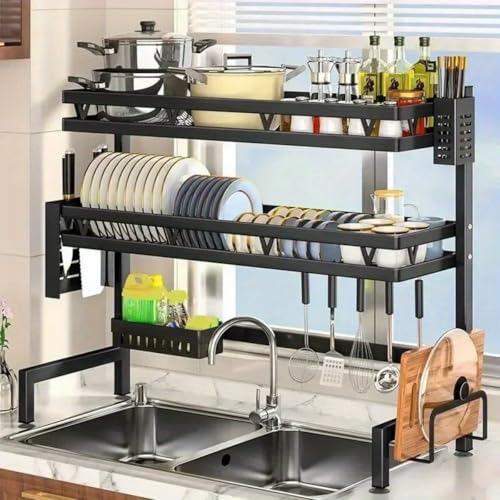 3 Tier Over Sink Dish Draining Rack Adjustable Width and Height with Phone Holder Cup Holder