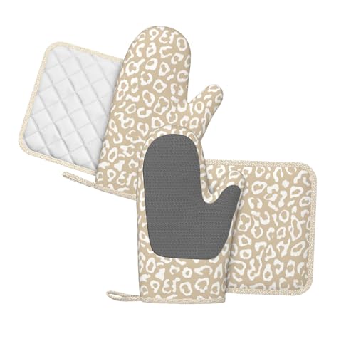 Oven Mitts Pot Holders Set Leopard Pattern Silicone Kitchen Gloves Potholders Heat Resistant for Chef Baking Cooking Grilling BBQ 4 Pack Mitt (B0113)