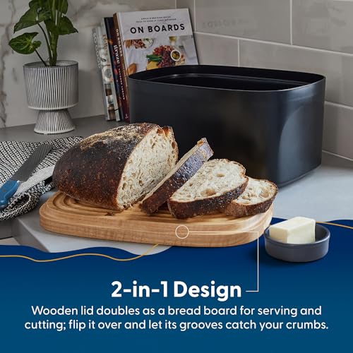 Modern Bamboo Fiber Bread Box for Countertop with Reversible Wood Serving Lid