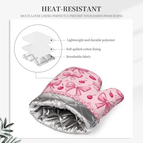 Oven Mitts Pot Holders Set Pink Bows Cherry Silicone Kitchen Gloves Potholders Heat Resistant for Chef Baking Cooking Grilling BBQ 4 Pack Mitt (B018)