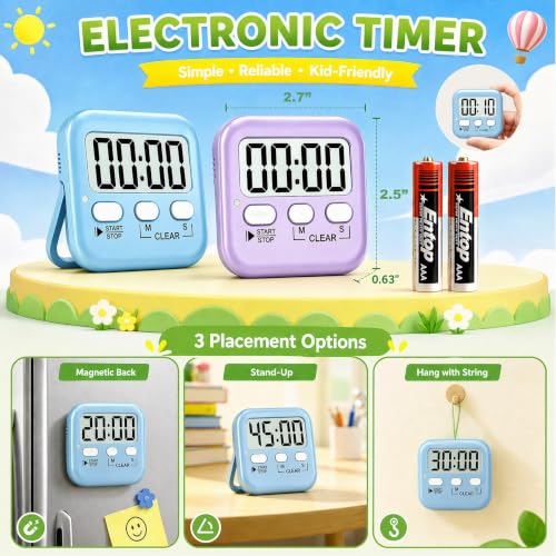 2 Pack Digital Timer for Kids Classroom Kitchen Timers for Cooking (2 * Sky Blue + Lavender Purple)