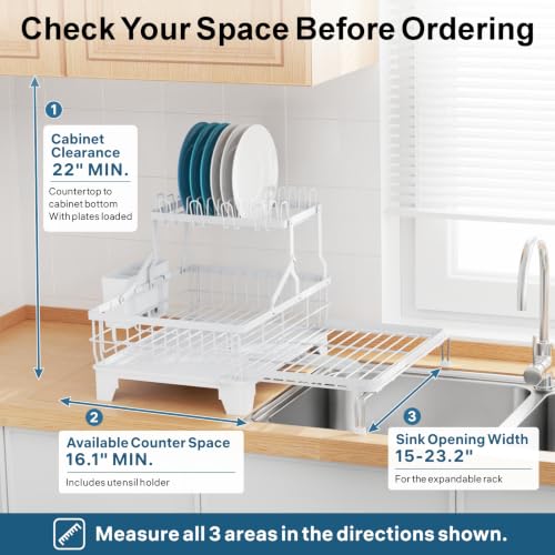 Large Expandable 2 Tier Dish Drying Rack (White / 2-Tier, Expandable 14.4"-22.4" W)