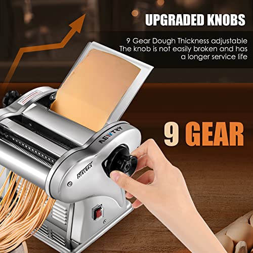 Electric Pasta Maker Noodle Maker Pasta Making Machine Dough Roller Cutter Thickness Adjustable Stainless Steel US 110V for Family Use 2 Blades Type (1.5mm Round+4mm Flat Noodle)