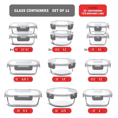24pc Glass Storage Containers with Lids (Gray / 12 Pack)