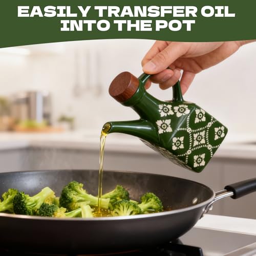 8.5 oz Ceramic Olive Oil Dispenser Bottle Decorative Olive Oil Dispenser Bottle with Handle & Wooden Stopper Relief Opaque Ceramic Oil Cruet for Kitchen Cooking Oil Vinegar (Green)
