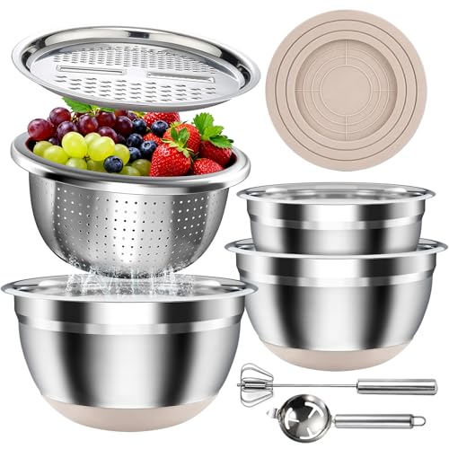 Stainless Steel Mixing Bowls Set with Lids & Silicone Base (Khaki)