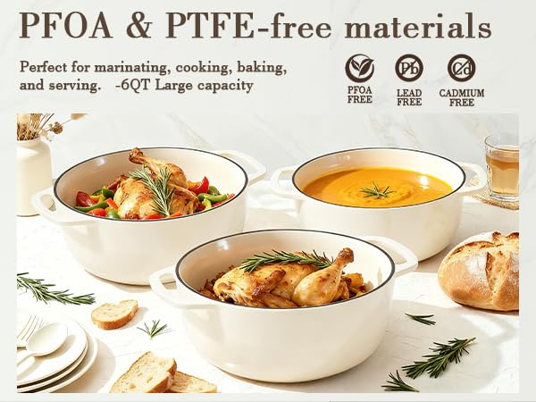 6QT Enameled Cast Iron Dutch Oven with Lid (Cream White)