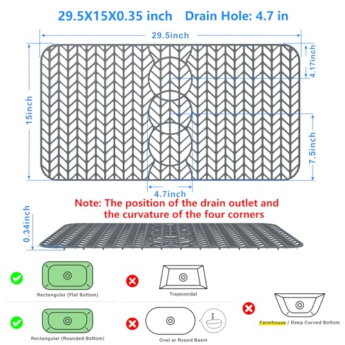 Sink Protectors for Kitchen Sink 12" 13" 16" 18" 19" 24" 26" 28" 29" Silicone Sink mat (29.5"x15" / Gray)