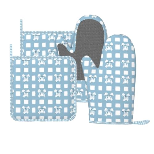 Oven Mitts and Pot Holders Set Blue Check Bows Silicone Kitchen Accessories 4 Piece Heat Resistant Long Gloves Potholder Non (C07)